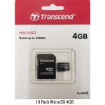 Transcend 4GB MicroSD Class 10 Memory Card with Adapter, 10 Pack