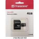 Transcend 4GB MicroSD Class 10 Memory Card with Adapter, 5 Pack