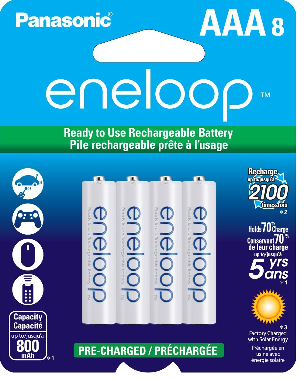 Panasonic Eneloop AAA Rechargeable NiMH Batteries, 8 Pack