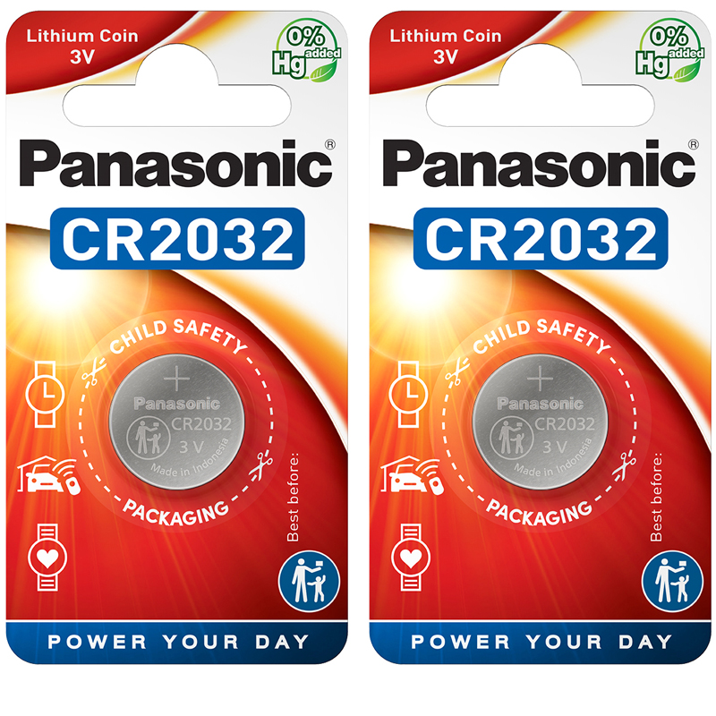 Panasonic CR2032 3 V Lithium Coin Cell Battery, 2 Pack