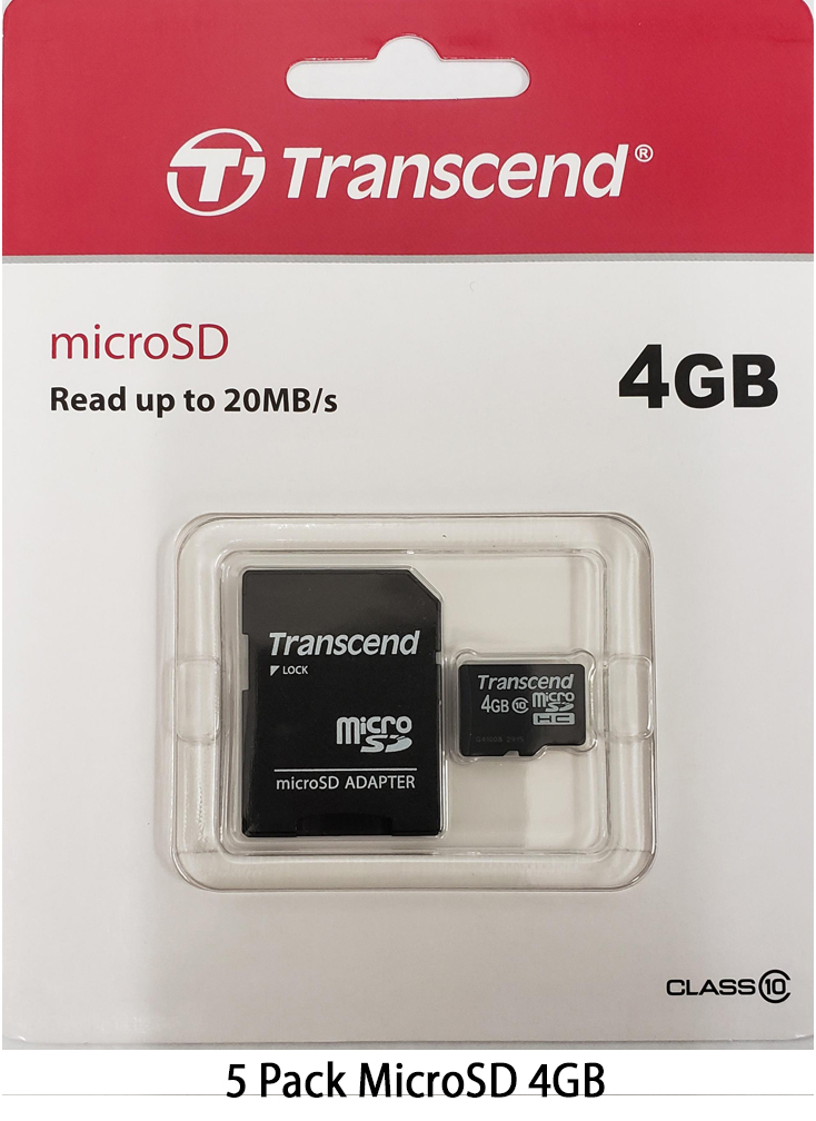 Transcend 4GB MicroSD Class 10 Memory Card with Adapter, 5 Pack